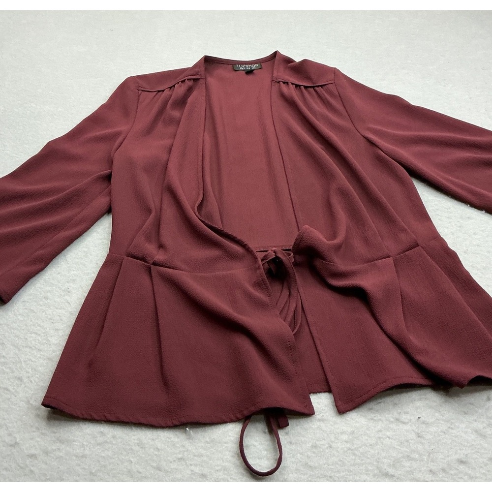 Topshop‎ Burgundy Peplum Wrap Top Tie Front Long Slv Size 2 Professional Casual